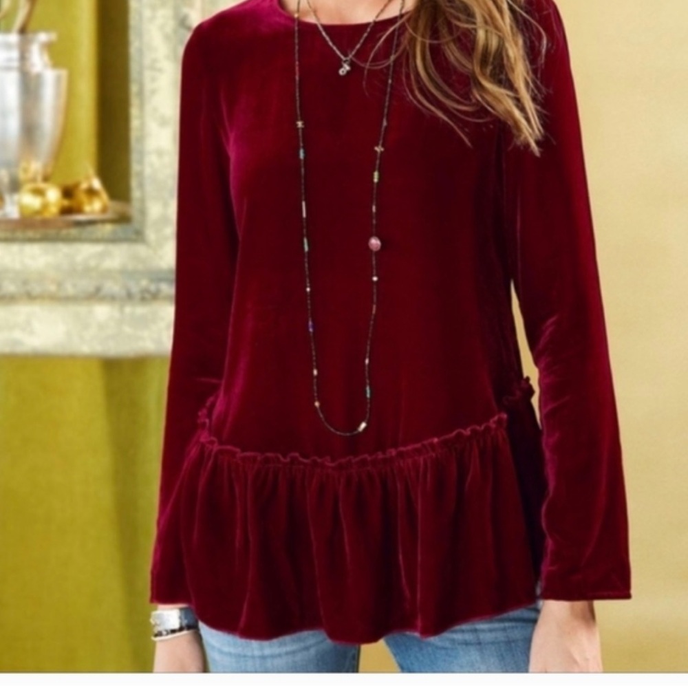 Sundance top dark red burgundy velvet long sleeve peplum holiday medium